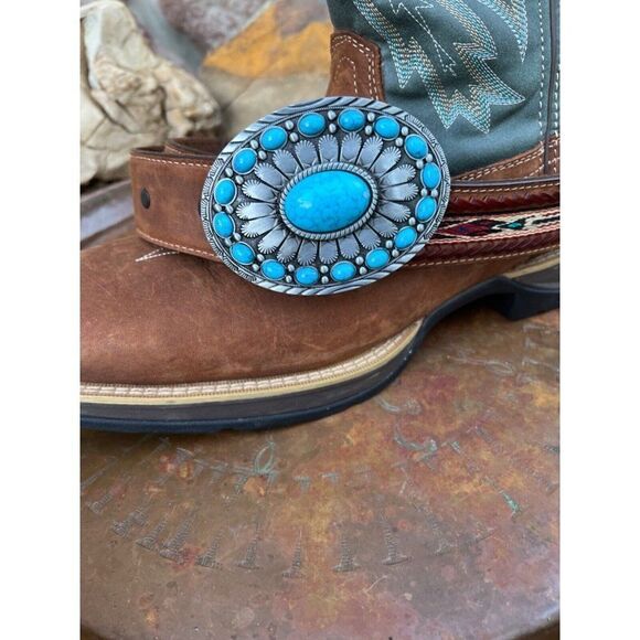 TURQUOISE LARGE CONCHO T-bird WESTERN SILVER BELT ADJUSTABLE BUCKLE MEN WOMEN - Picture 3 of 11